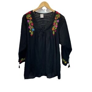 Abrazo‎ Fiesta Blouse L Black Muslin Boho Embroidered Crochet Mexico Mexican